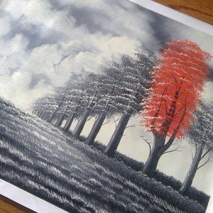 Oil Acrylic "Landscape of Trees" on Canvas Painting Shades of Gray and Red